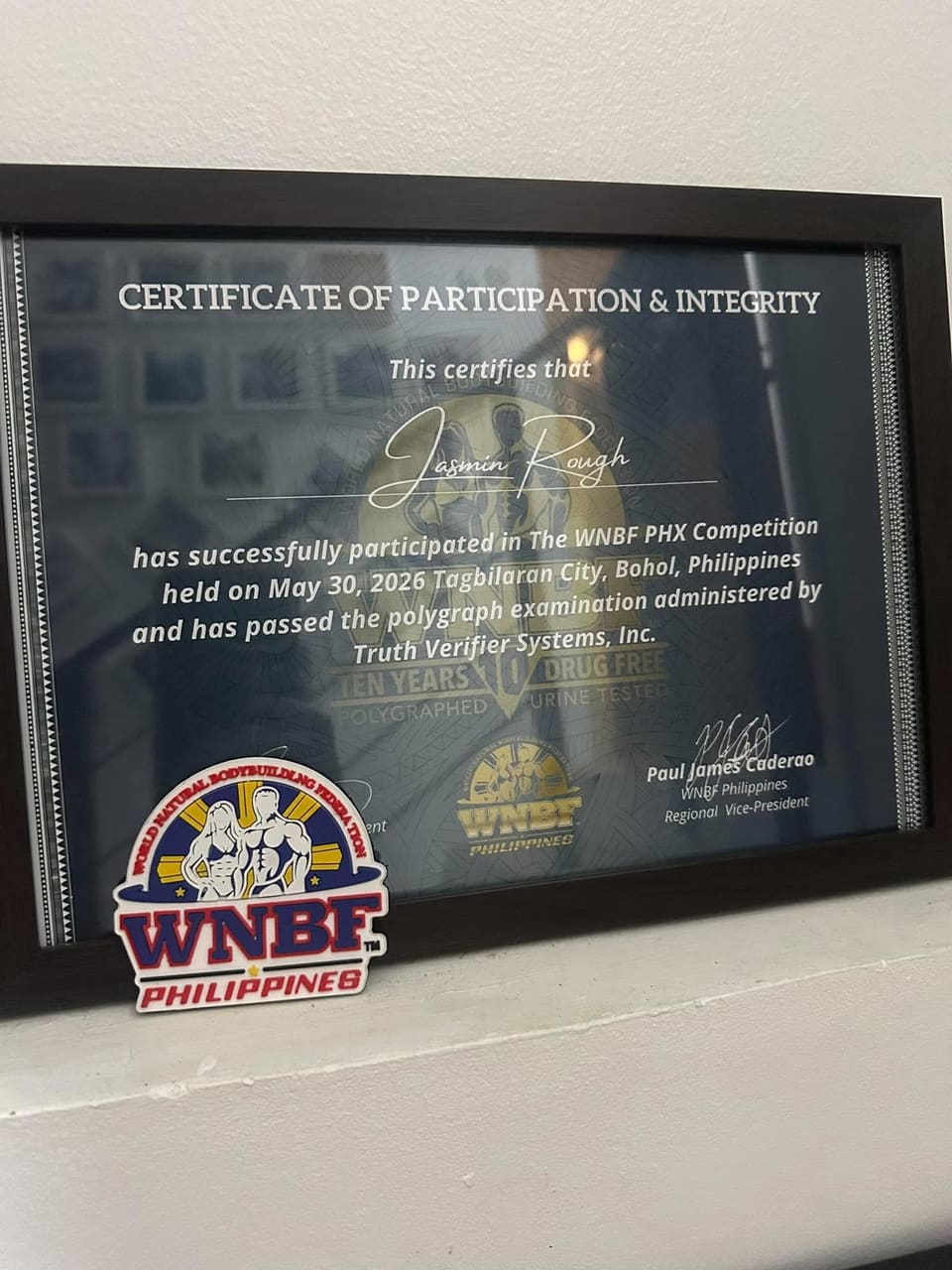 WNBF PHX certificate of participation and integrity for Jasmin Rough, May 30, 2026