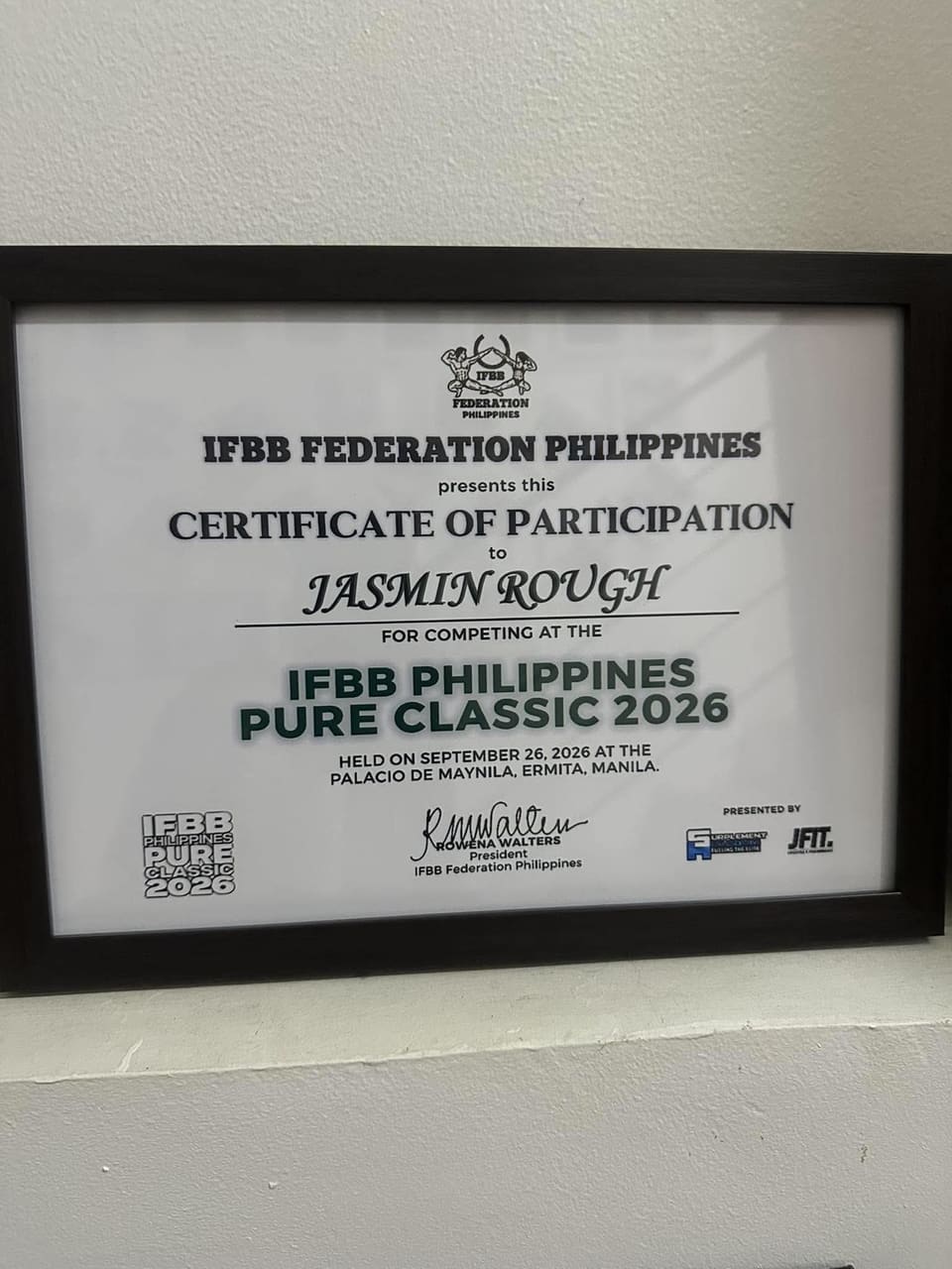 IFBB Federation Philippines certificate of participation for Jasmin Rough, Pure Classic 2026