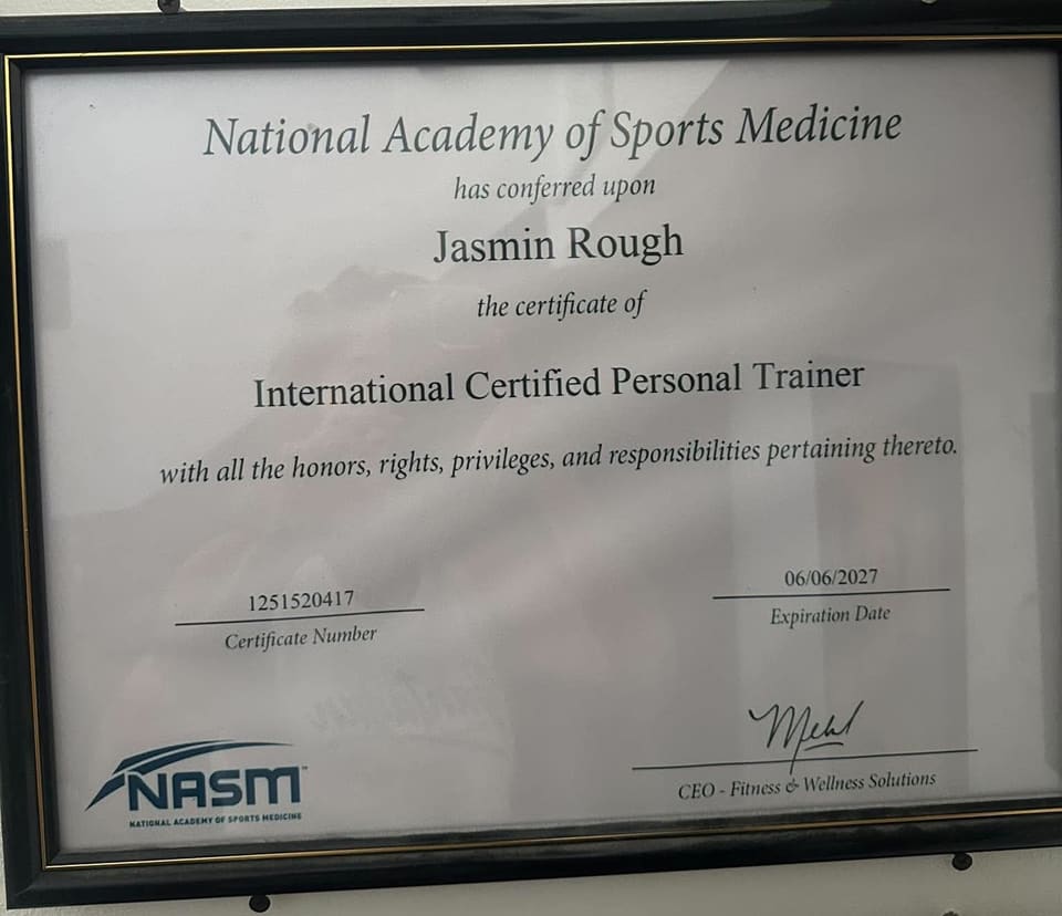 NASM International Certified Personal Trainer certificate for Jasmin Rough, valid until June 6, 2027