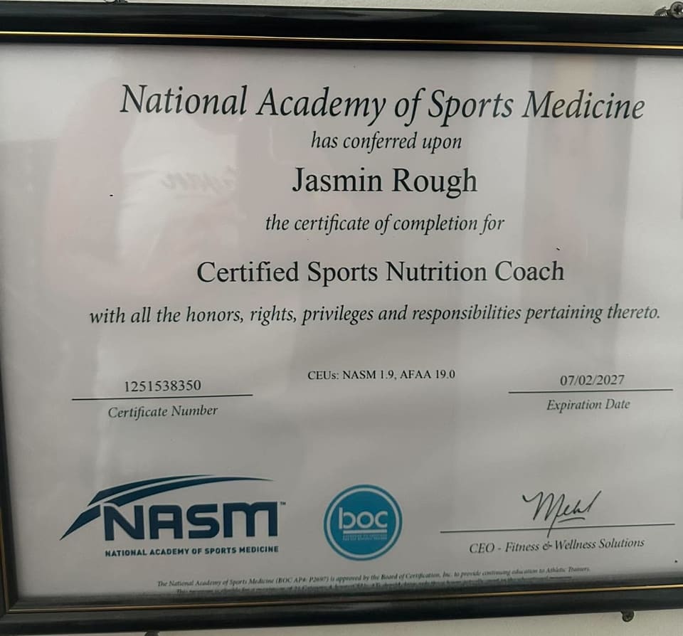 NASM Certified Sports Nutrition Coach certificate for Jasmin Rough, valid until July 2, 2027